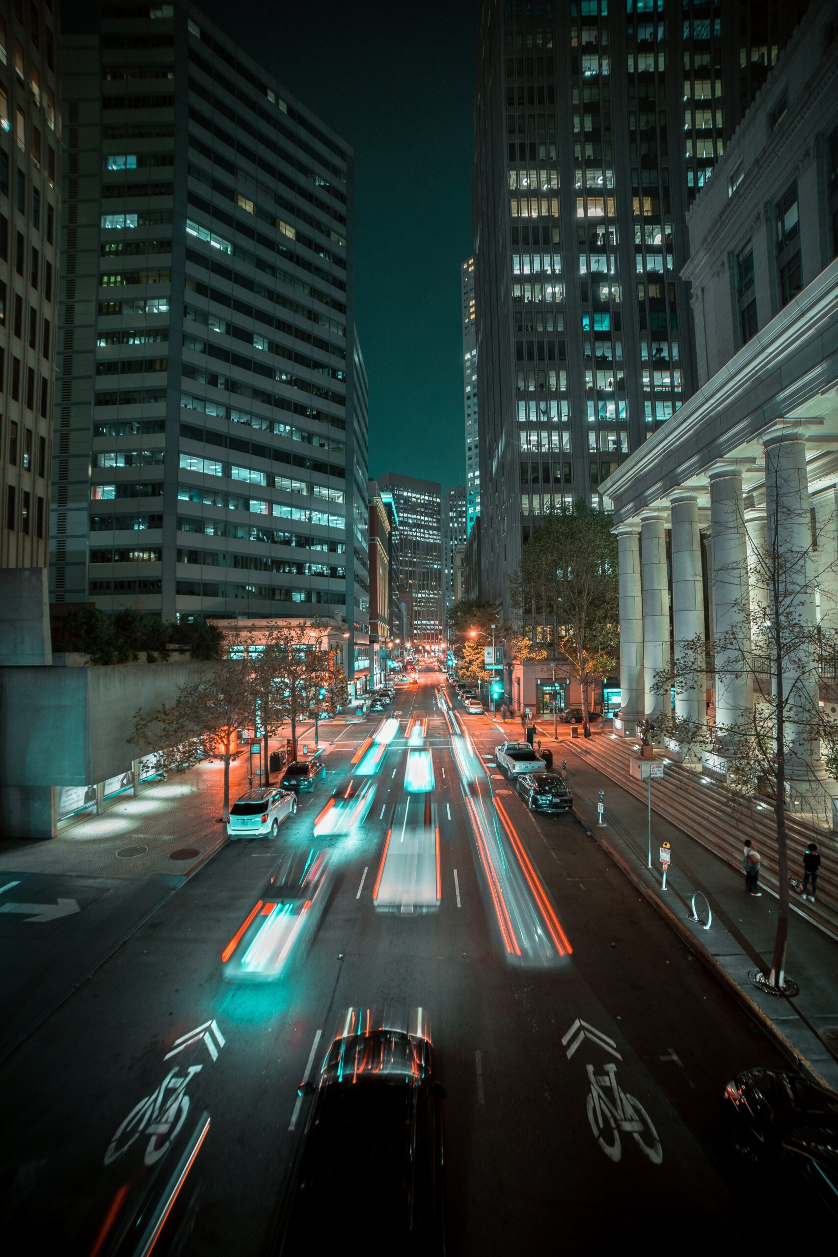 City street at night with light trails