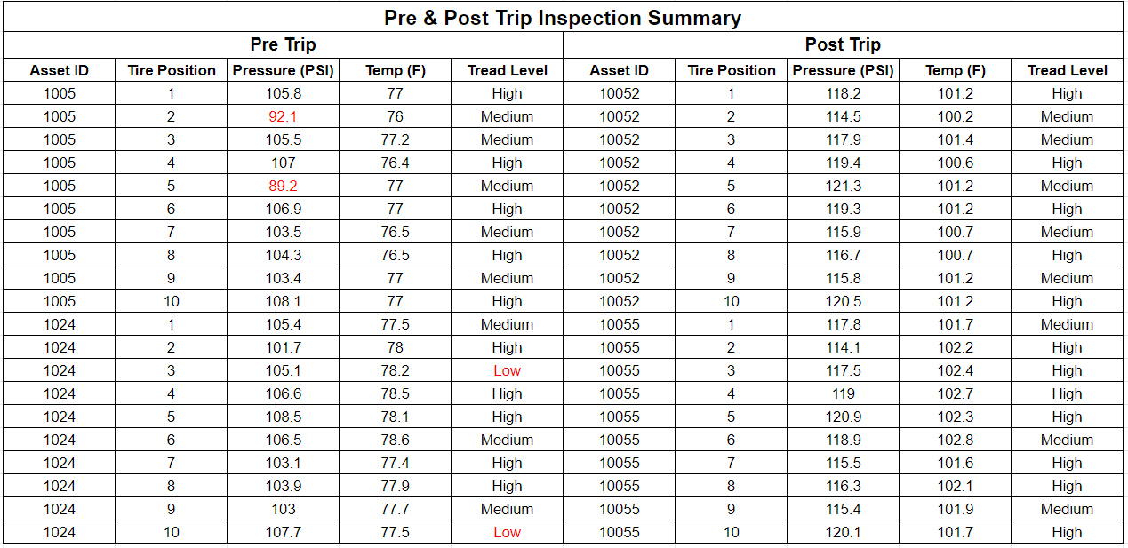 Vehicle inspection summary chart showing tire pressure and tread.