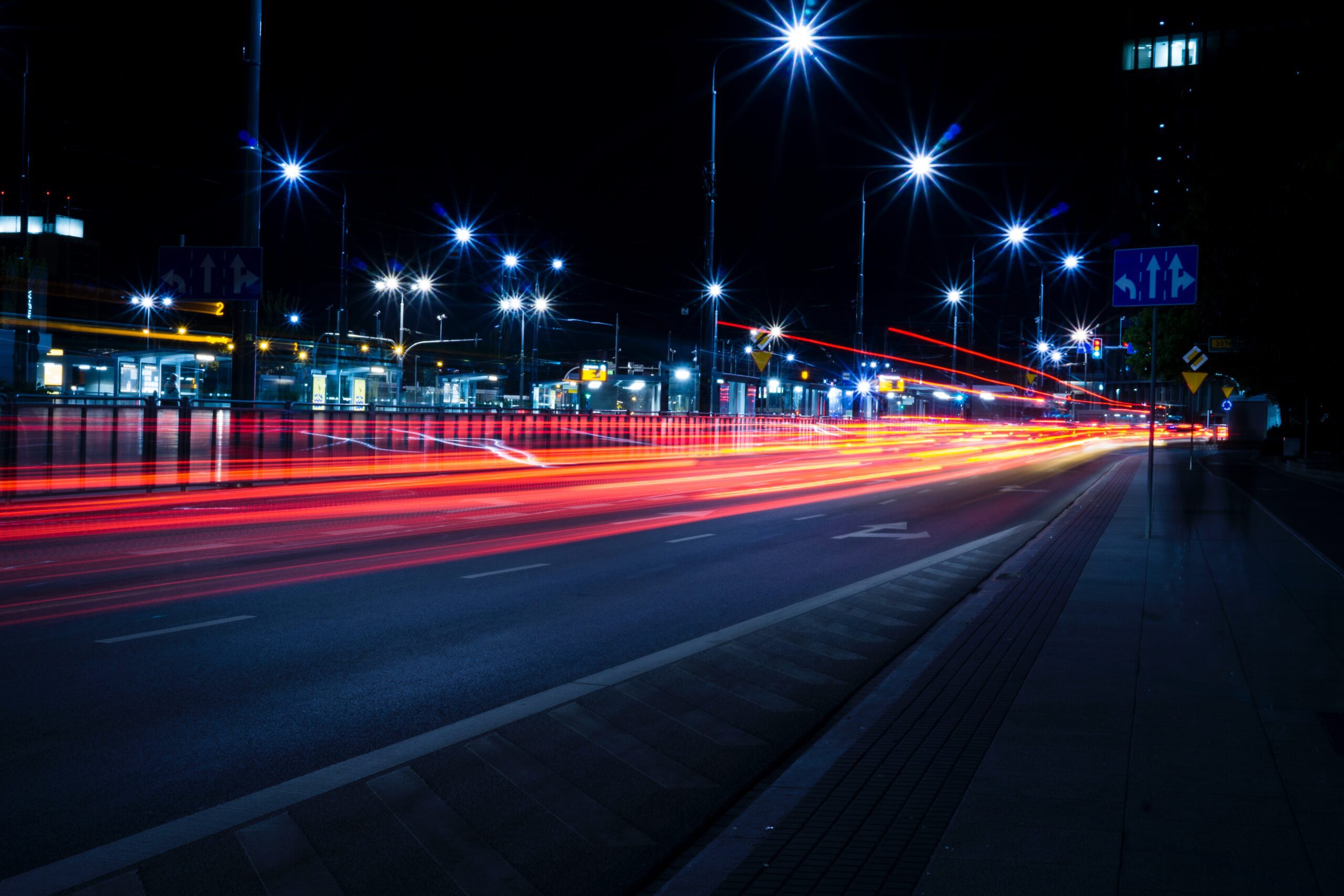 Long exposure of city street traffic at night.