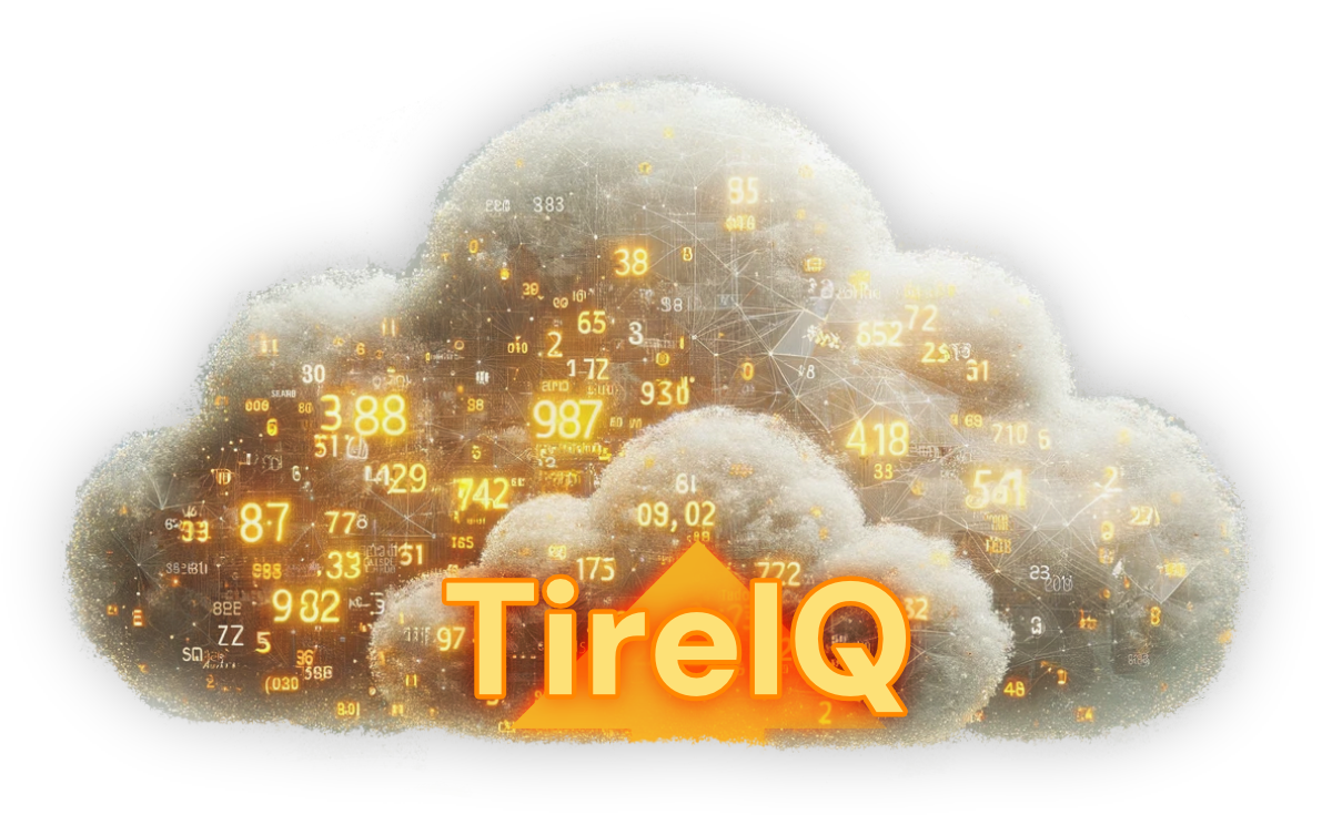 Cloud graphic with numerical data and "TireIQ" logo.