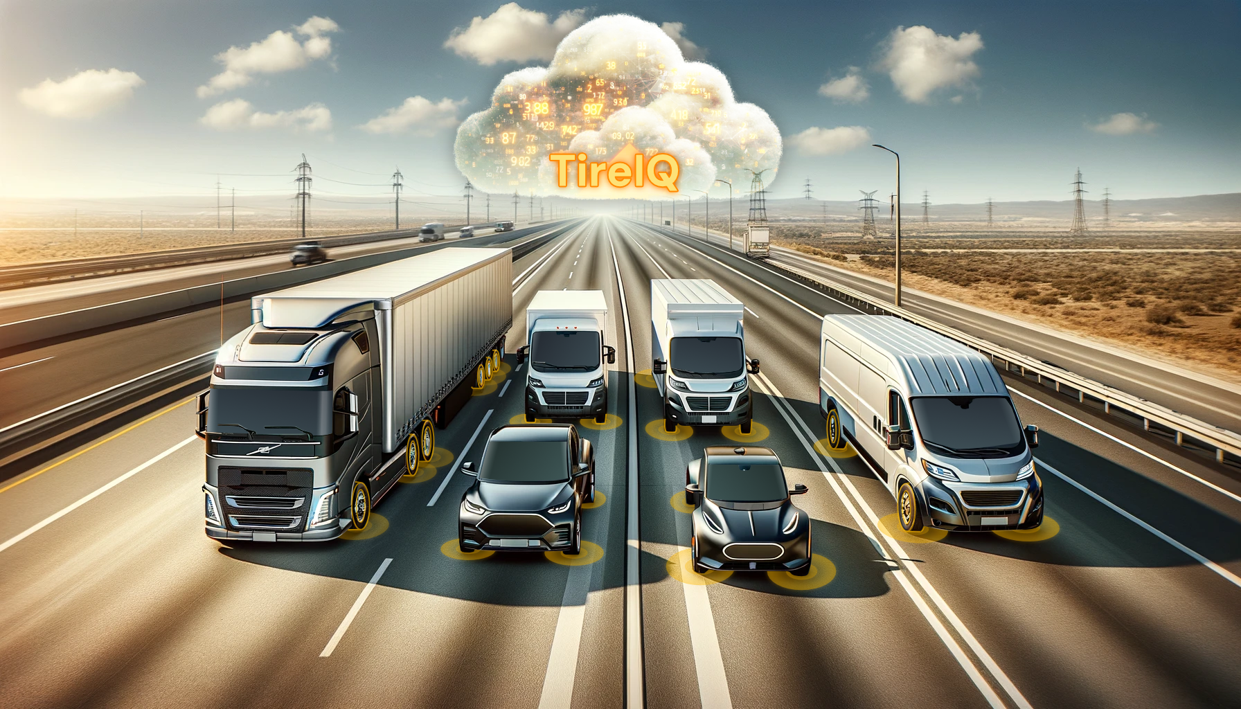 Fleet of smart vehicles on highway with digital cloud overlay.