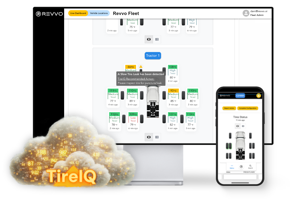 Revvo fleet tire management software interface on devices.