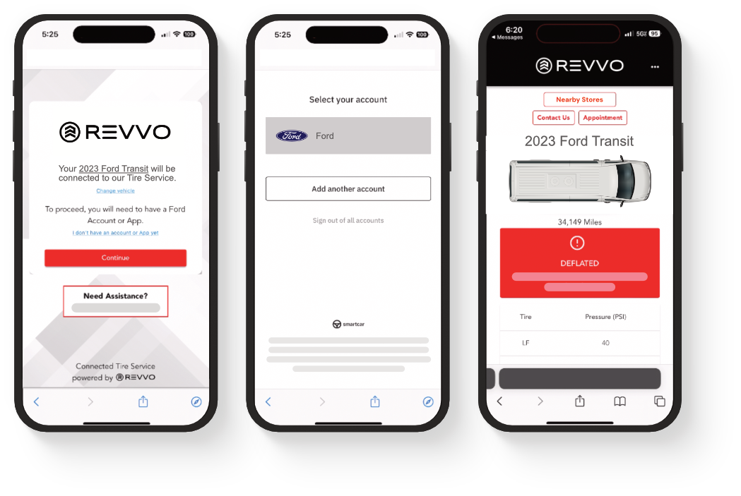 Three smartphones displaying tire service app for Ford Transit.