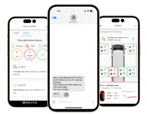 Vehicle tire monitoring app interface on smartphones.