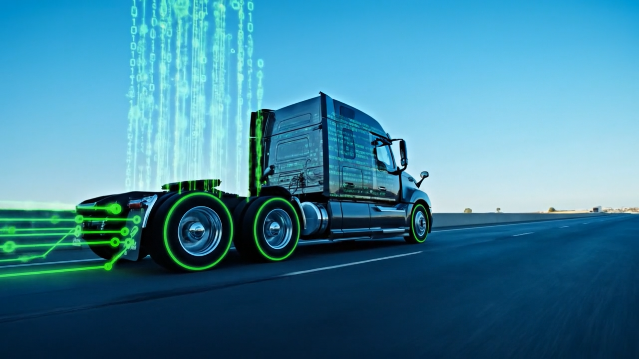 Semi-truck driving on a highway with connected tire data visualization